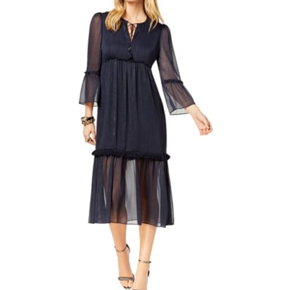 Zoe by Rachel Zoe Metallic Crinkle Chiffon Bell Sleeve Midi Dress $169 Size S